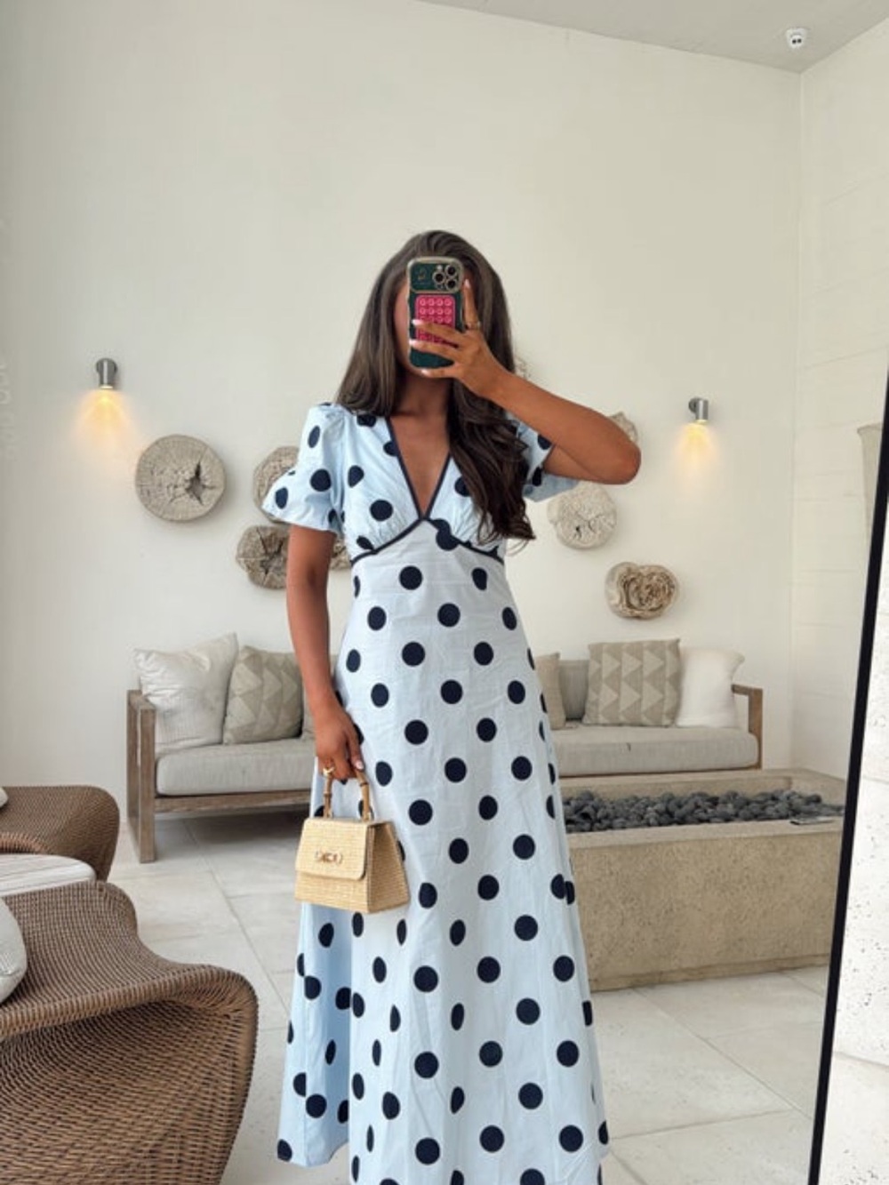 Light Blue Polka Dot Maxi Dress with Puff Sleeves